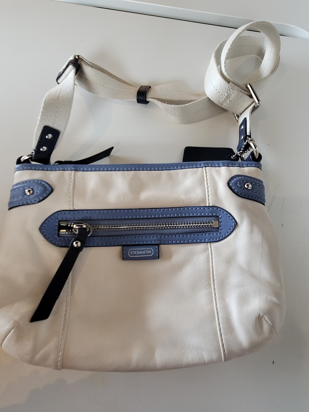 Coach Cream Leather Crossbody with Blue Trim and Black Pull